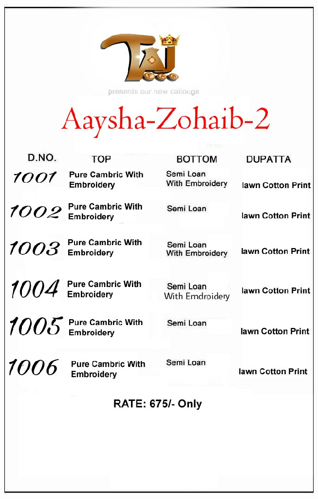 (sale) Aaysha Zohaib Vol-2 By Taj 1001 To 1006 Series Beautiful Pakistani Suits With Embroidered Work Fancy Casual Wear & Ethnic Wear Pure Cambric Dresses At Wholesale Price