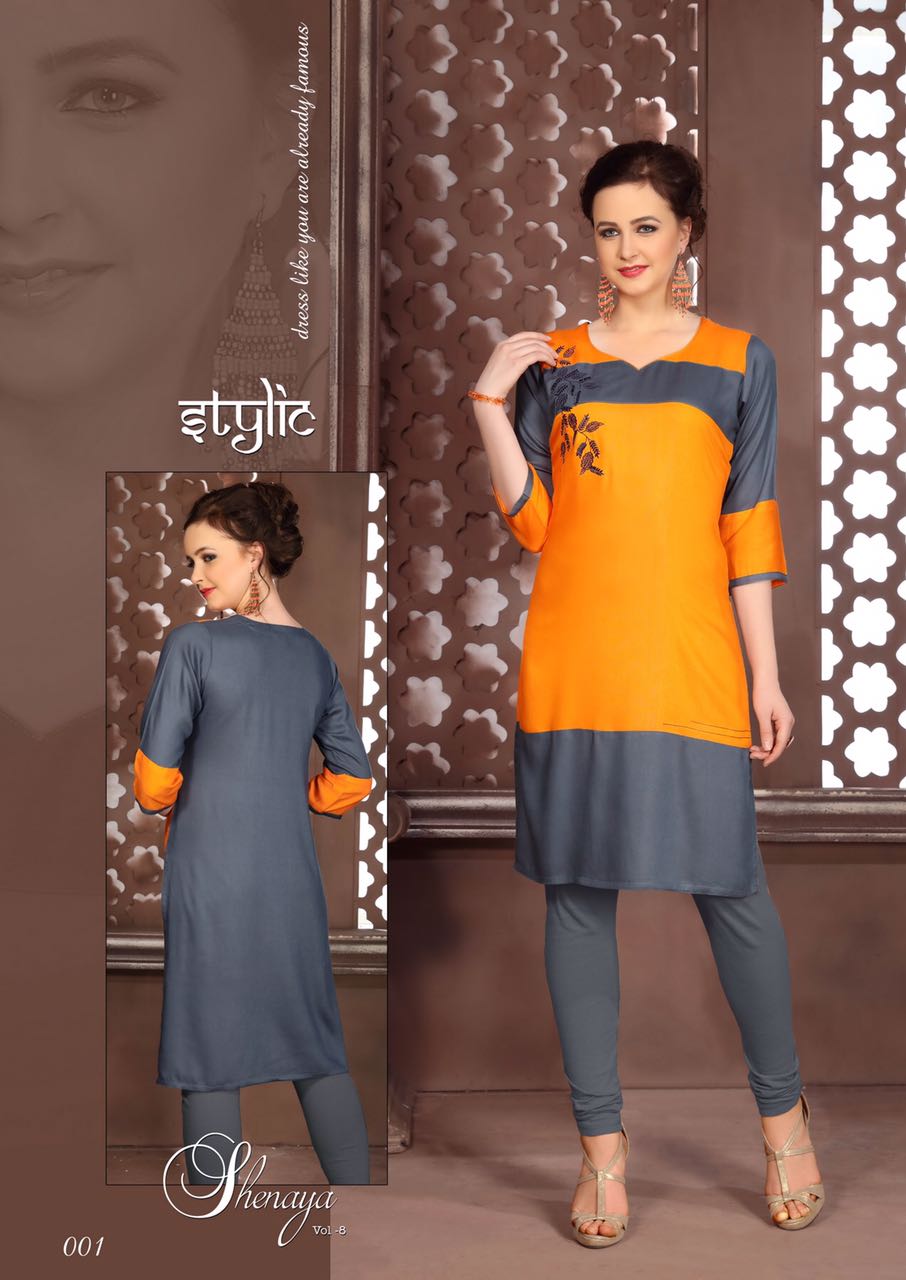 Sanaya-8 001 To 012 By Stylic Beautiful Colorful Stylish Party Wear Casual Wear Occasional Wear Printed Reyon Kurti At Wholesale Price