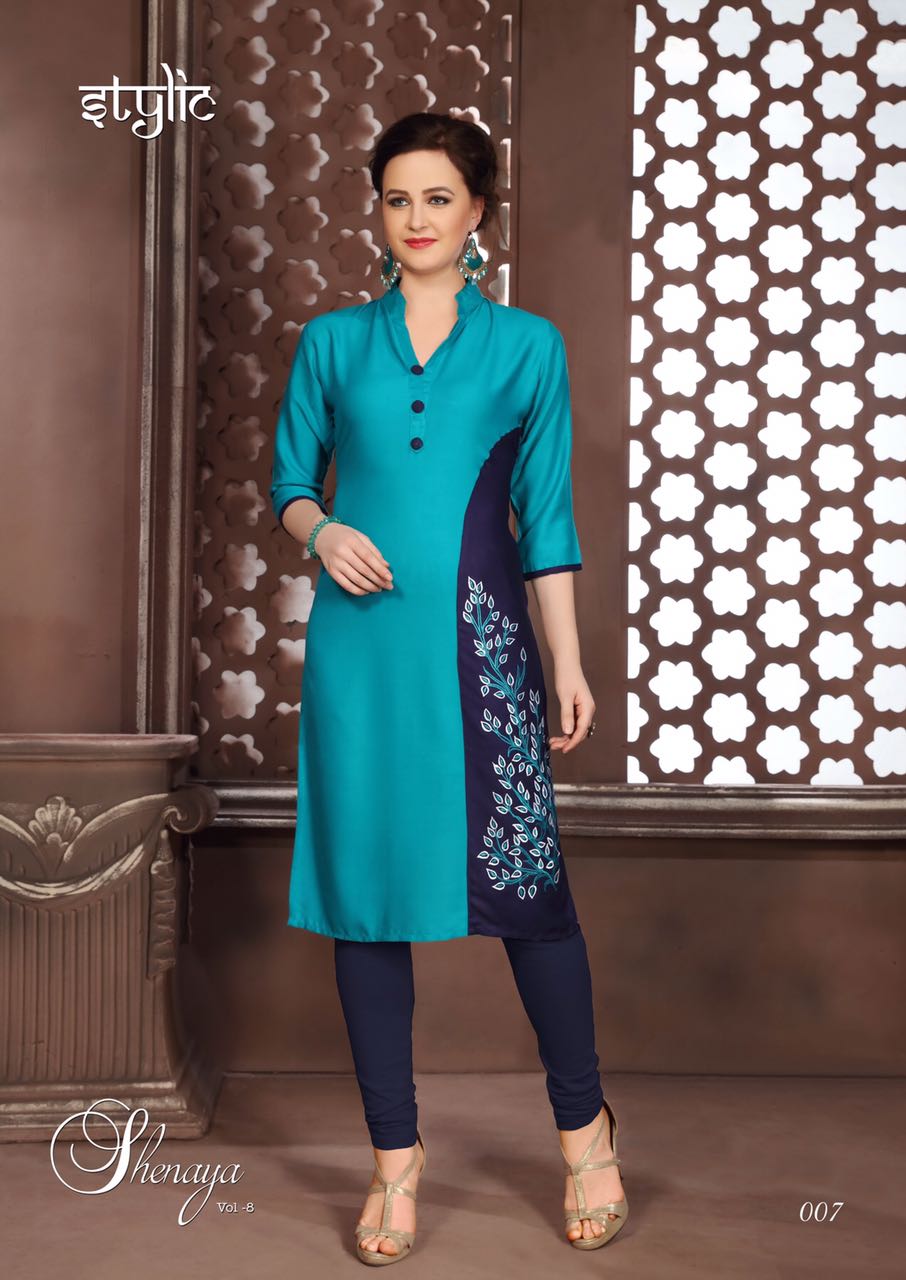 Sanaya-8 001 To 012 By Stylic Beautiful Colorful Stylish Party Wear Casual Wear Occasional Wear Printed Reyon Kurti At Wholesale Price