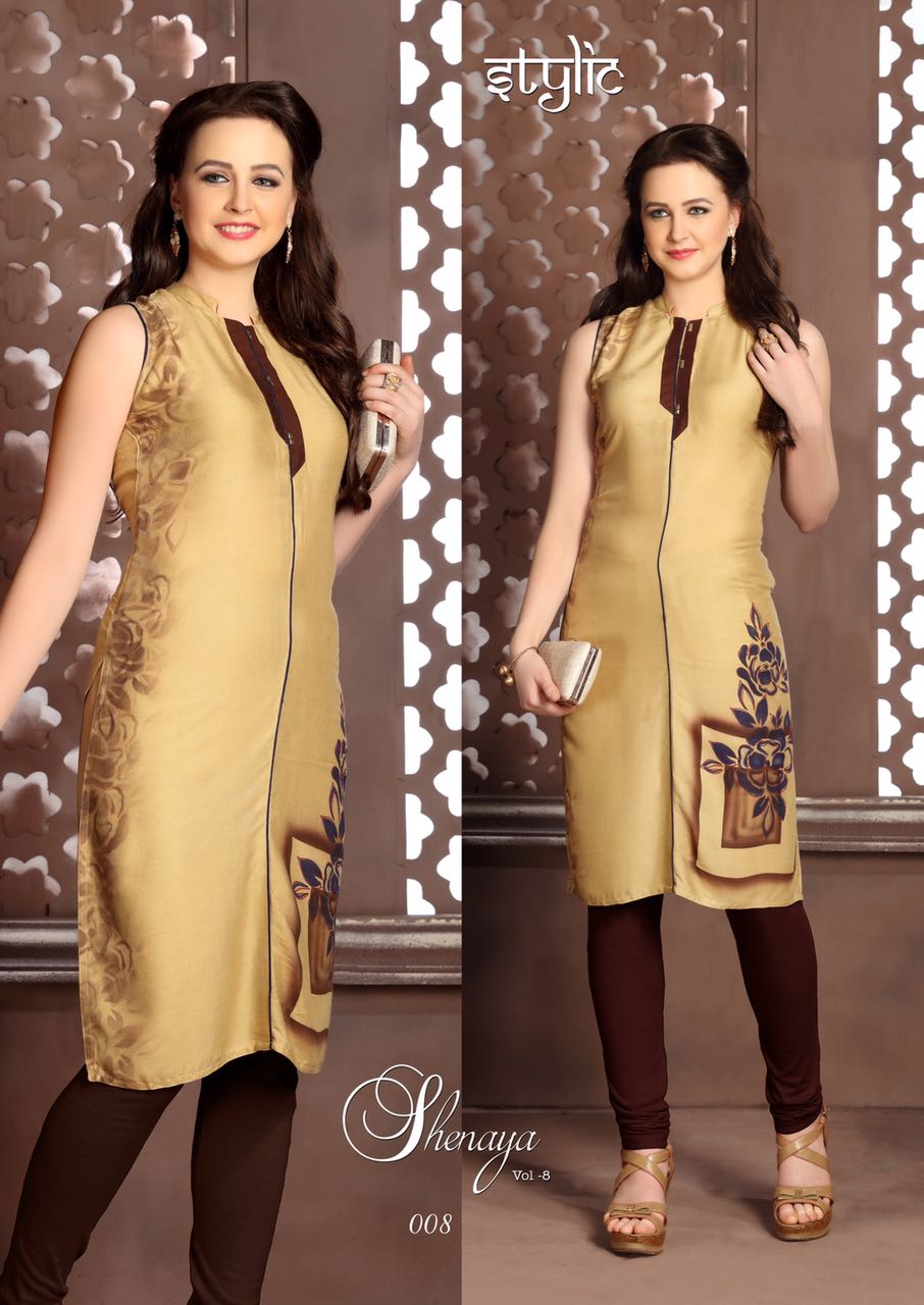 Sanaya-8 001 To 012 By Stylic Beautiful Colorful Stylish Party Wear Casual Wear Occasional Wear Printed Reyon Kurti At Wholesale Price