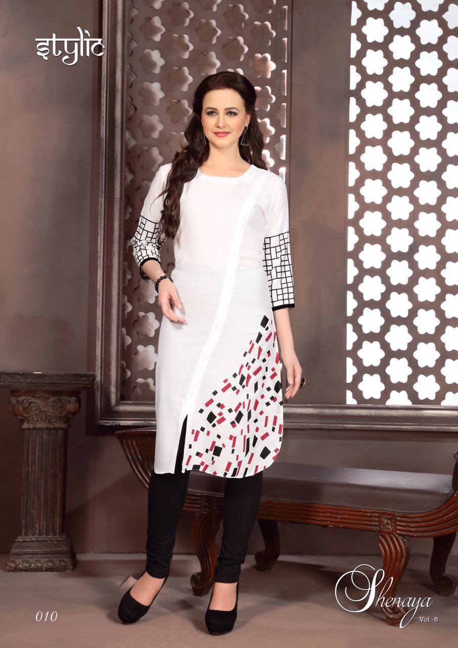 Sanaya-8 001 To 012 By Stylic Beautiful Colorful Stylish Party Wear Casual Wear Occasional Wear Printed Reyon Kurti At Wholesale Price