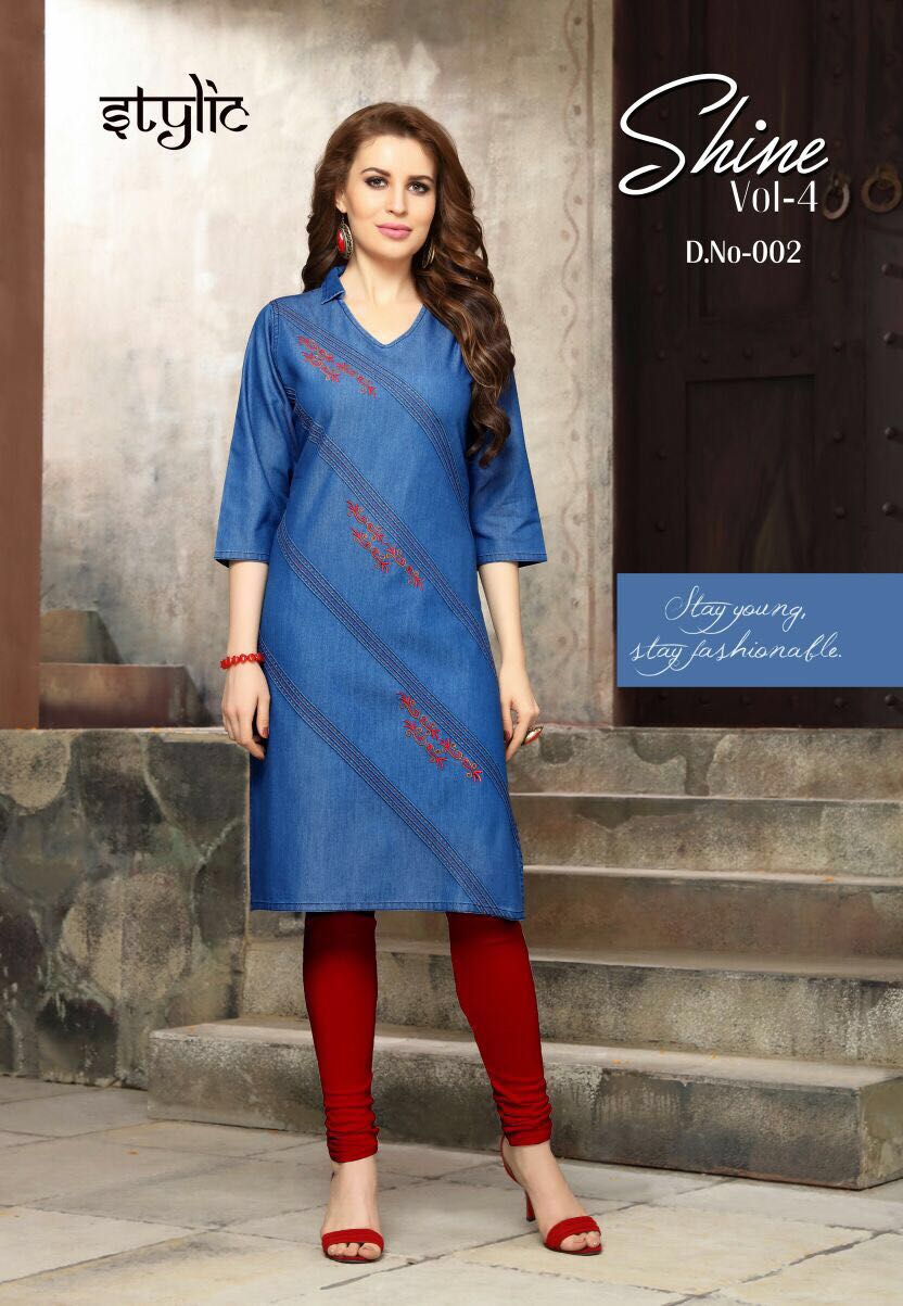 Shine Vol-4 By Stylic 001 To 012 Series Designer Stylish Colorful Fancy Beautiful Party Wear & Ethnic Wear Denim Embroidered Kurtis At Wholesale Price