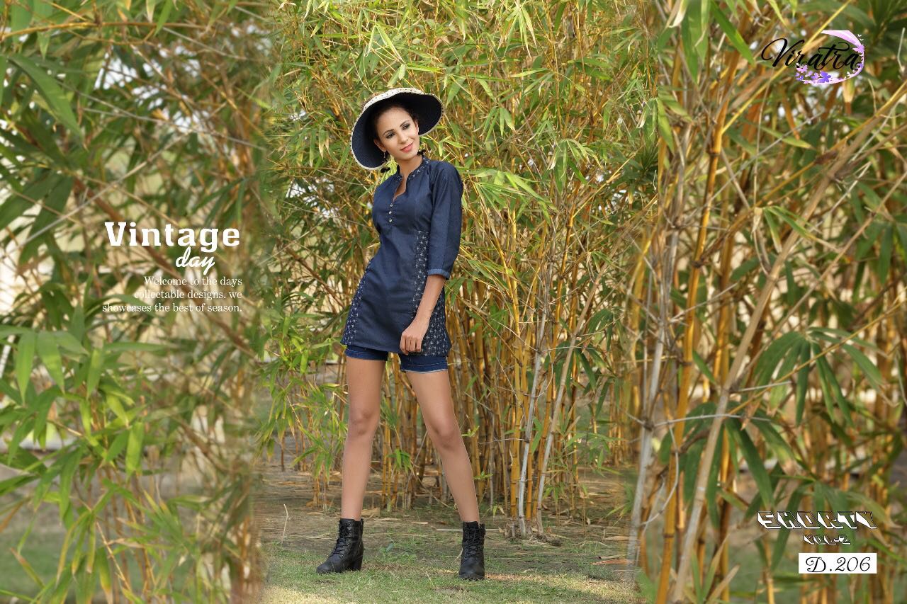 Shorty Vol-2 By Viratra Tex 201 To 210 Series Stylish Fancy Beautiful Colorful Casual Wear & Ethnic Wear Denim Embroidered Kurtis At Wholesale Price
