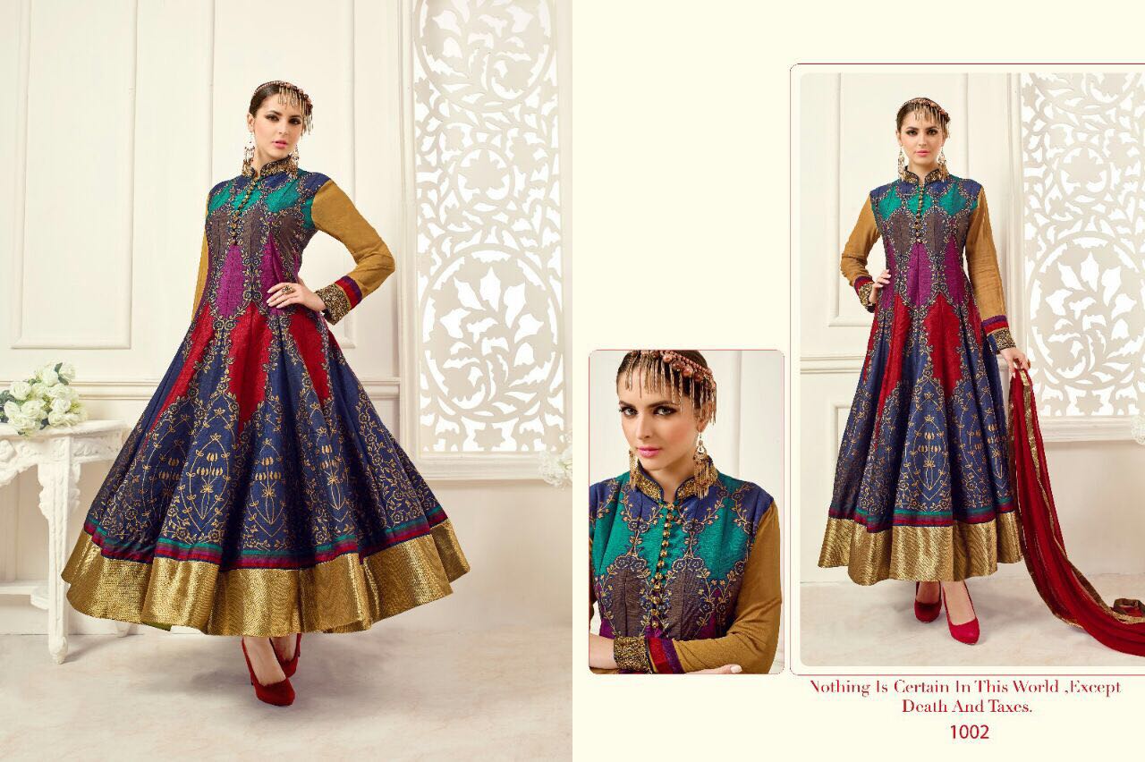 Simran By Vyona 1001 To 1006 Series Bollywood Stylish Designer Embroidered Party Wear Banglori Silk Dresses At Wholesale Price