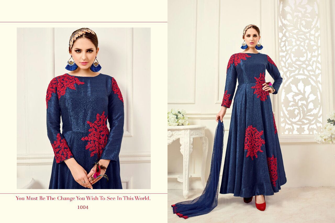Simran By Vyona 1001 To 1006 Series Bollywood Stylish Designer Embroidered Party Wear Banglori Silk Dresses At Wholesale Price