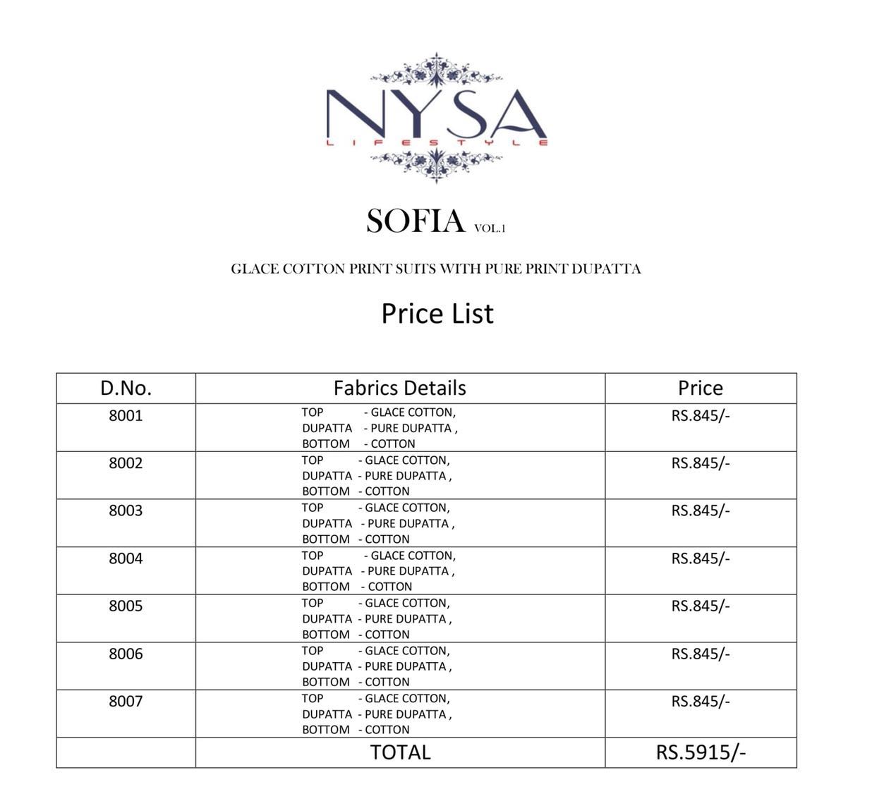 Sofia Vol-1 By Nysa Lifestyle 8001 To 8007 Series Beautiful Stylish Colorful Fancy Party Wear & Casual Wear Glace Cotton Printed Dresses At Wholesale Price