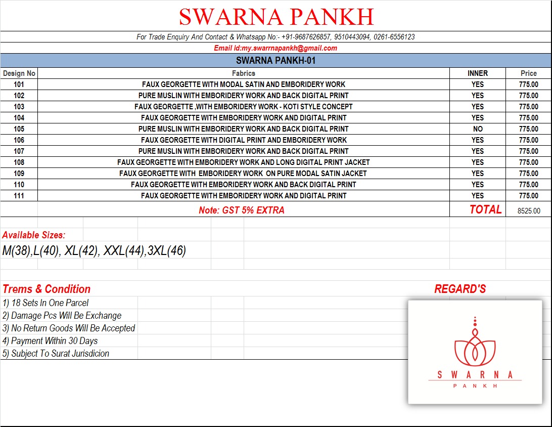 Swarna Pankh Vol-1 By Swarna Pankh 101 To 111 Series Stylish Designer Beautiful Colorful Embroidered Casual Wear & Ethnic Wear Faux Georgette Printed Kurtis At Wholesale Price