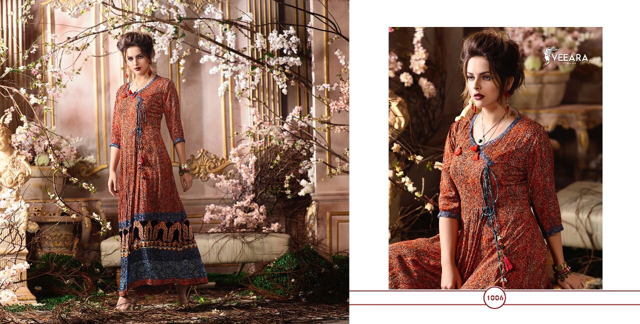 Veeara Vol-1 By Veeara 1001 To 1006 Series Designer Stylish Colorful Fancy Beautiful Party Wear & Ethnic Wear Heavy Rayon Printed Kurtis At Wholesale Price