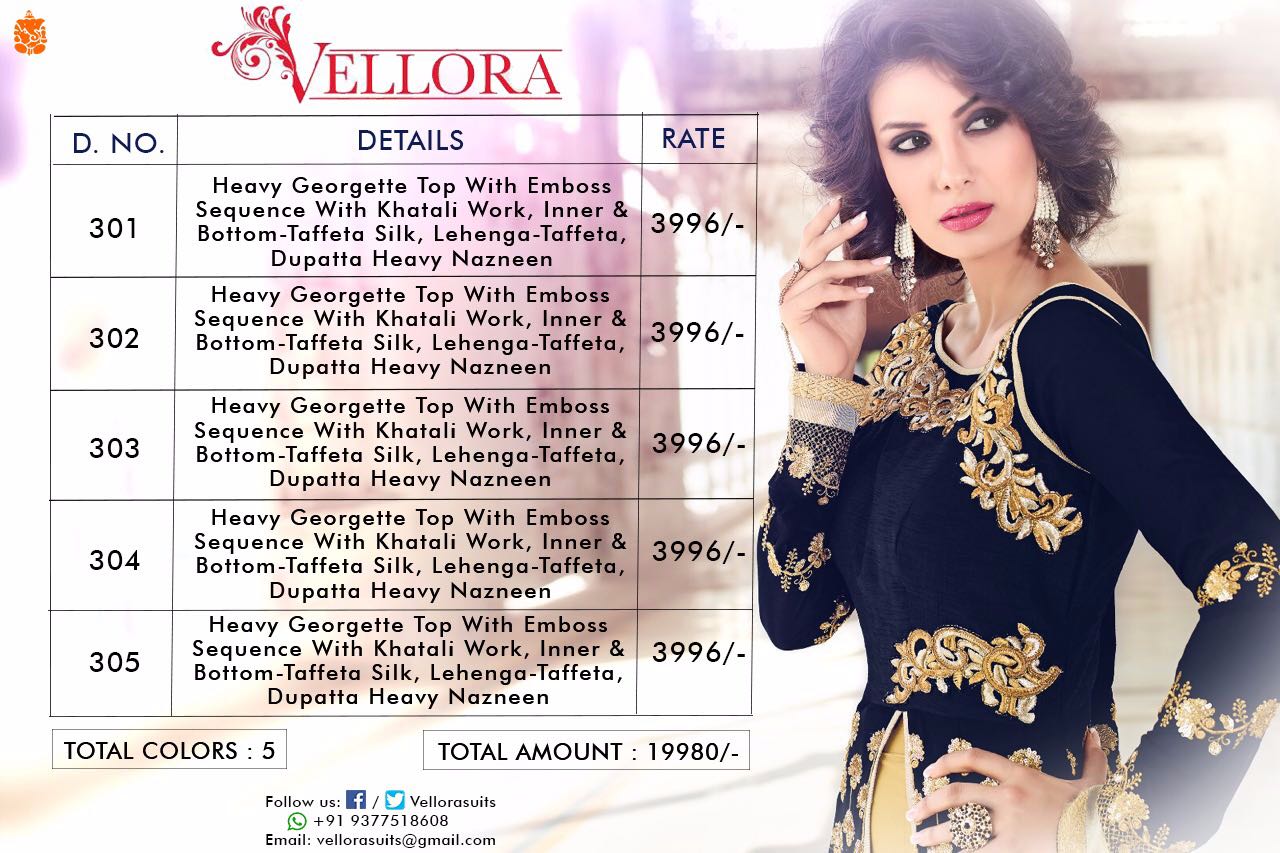 Vellora Vol-3 By Vellora 301 To 305 Series Bollywood Beautiful Stylish Designer Embroidered Party Wear Georgette Lehengas At Wholesale Price