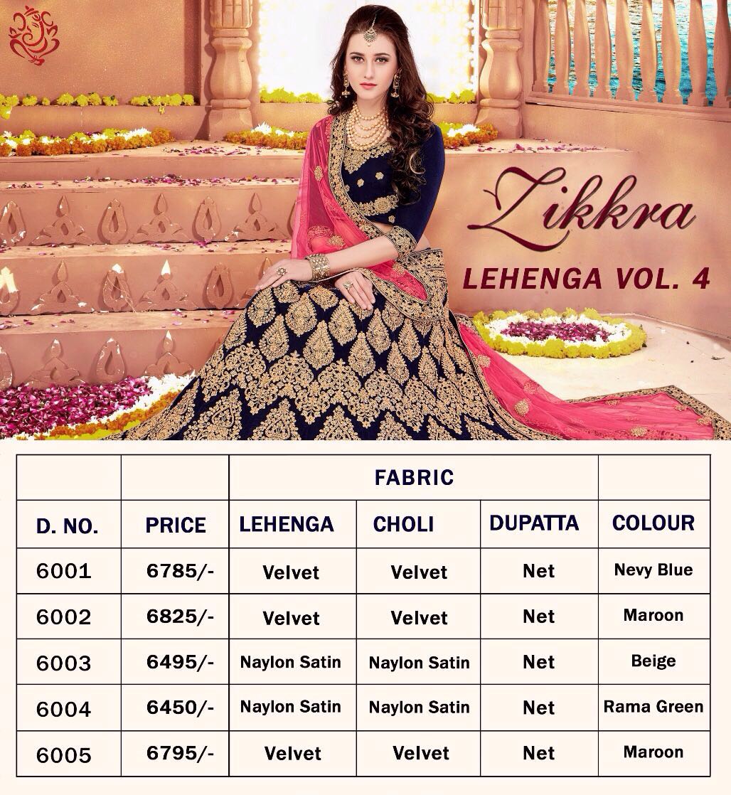 Zikkra Lehenga Vol-4 By Zikkra 6001 To 6005 Series Designer Bridal Wear Collection Beautiful Stylish Colorful Party Wear & Occasional Wear Velvet & Nylon Satin Embroidered Lehengas At Wholesale Price