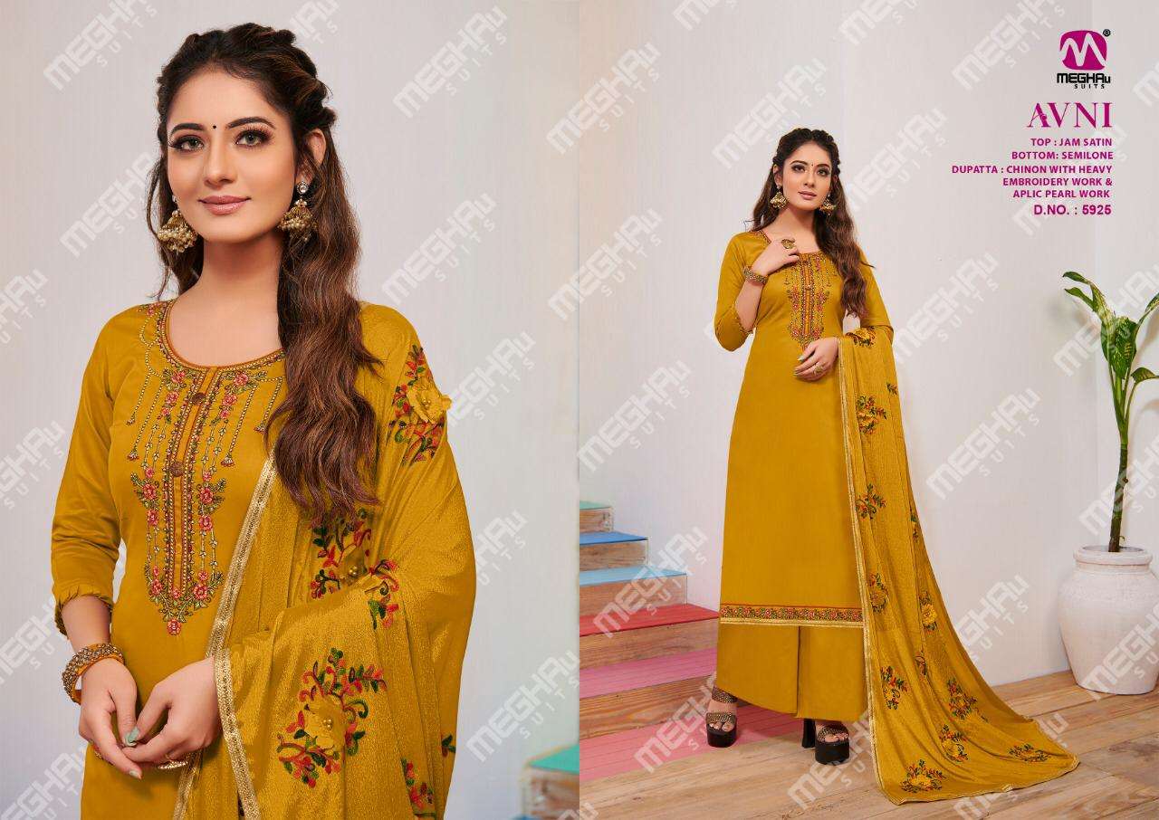AVNI BY MEGHALI SUITS 5924 TO 5930 SERIES BEAUTIFUL SUITS COLORFUL STYLISH FANCY CASUAL WEAR & ETHNIC WEAR JAM SATIN WITH EMBROIDERY DRESSES AT WHOLESALE PRICE