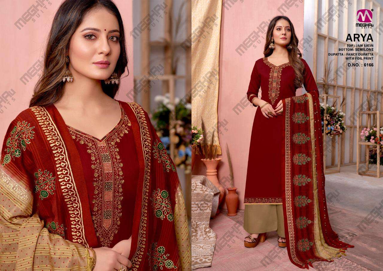 ARYA BY MEGHALI SUITS 6165 TO 6170 SERIES BEAUTIFUL SUITS COLORFUL STYLISH FANCY CASUAL WEAR & ETHNIC WEAR JAM SATIN WITH EMBROIDERY DRESSES AT WHOLESALE PRICE