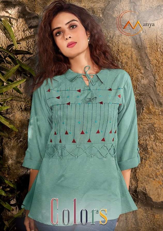COLORS BY MANYA 1062 TO 1067 SERIES BEAUTIFUL COLORFUL STYLISH FANCY CASUAL WEAR & READY TO WEAR PURE VISCOSE EMBROIDERED TOPS AT WHOLESALE PRICE