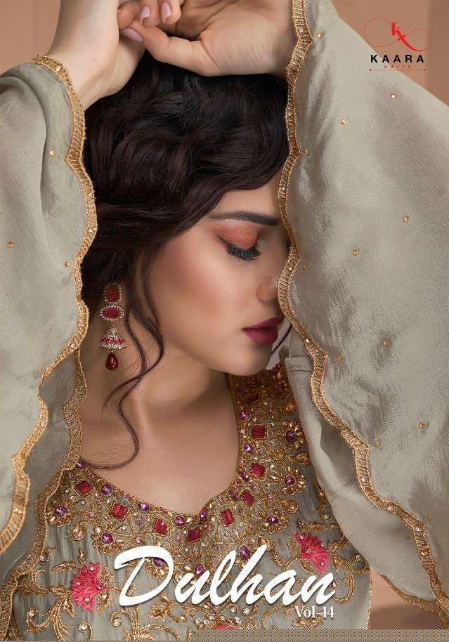 DULHAN VOL-14 BY KAARA SUITS 4001 TO 4004 SERIES BEAUTIFUL STYLISH SUITS FANCY COLORFUL CASUAL WEAR & ETHNIC WEAR & READY TO WEAR FUAX GEORGETTE EMBROIDERED DRESSES AT WHOLESALE PRICE
