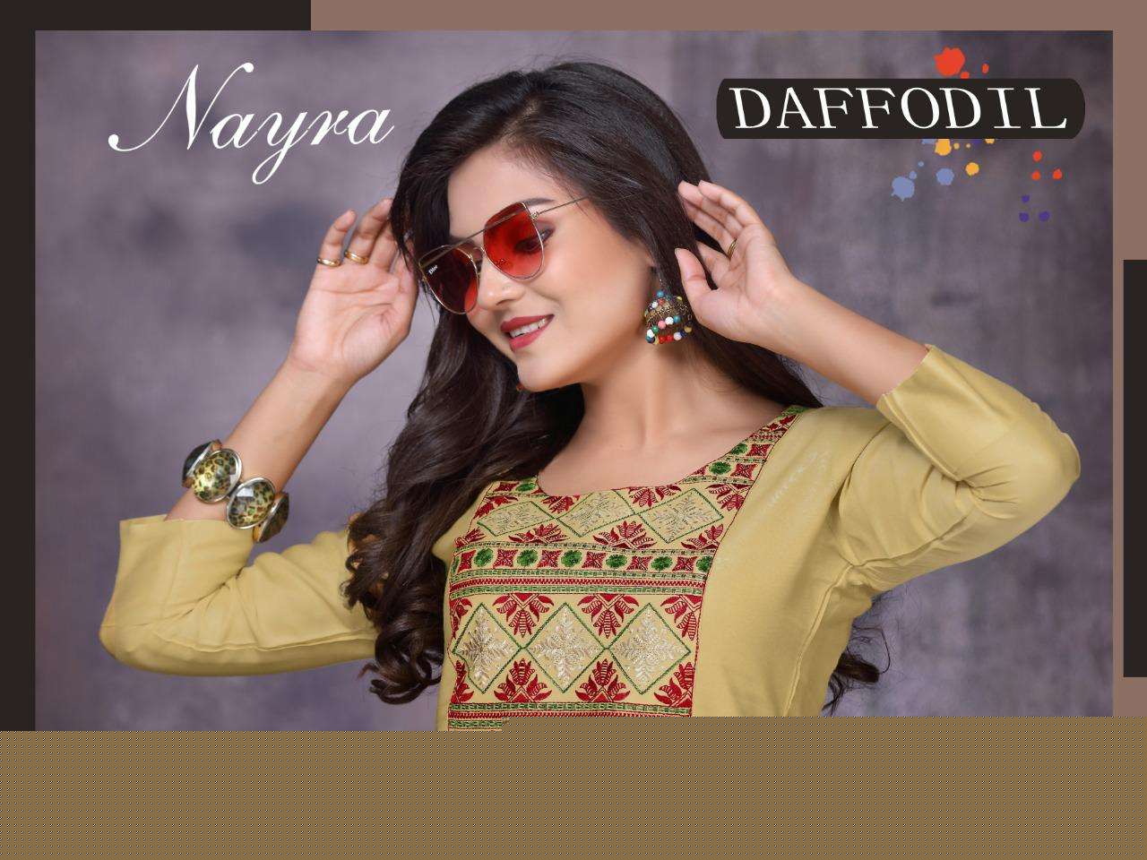 DAFFODIL BY NAYRA 801 TO 808 SERIES STYLISH FANCY BEAUTIFUL COLORFUL CASUAL WEAR & ETHNIC WEAR COTTON SATIN WITH HAND WORK KURTIS AT WHOLESALE PRICE