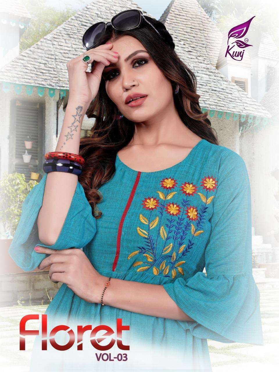 FLORET VOL-3 BY KUNJ 301 TO 310 SERIES BEAUTIFUL STYLISH FANCY COLORFUL CASUAL WEAR & ETHNIC WEAR & READY TO WEAR HEAVY RAYON EMBROIDERED KURTIS AT WHOLESALE PRICE