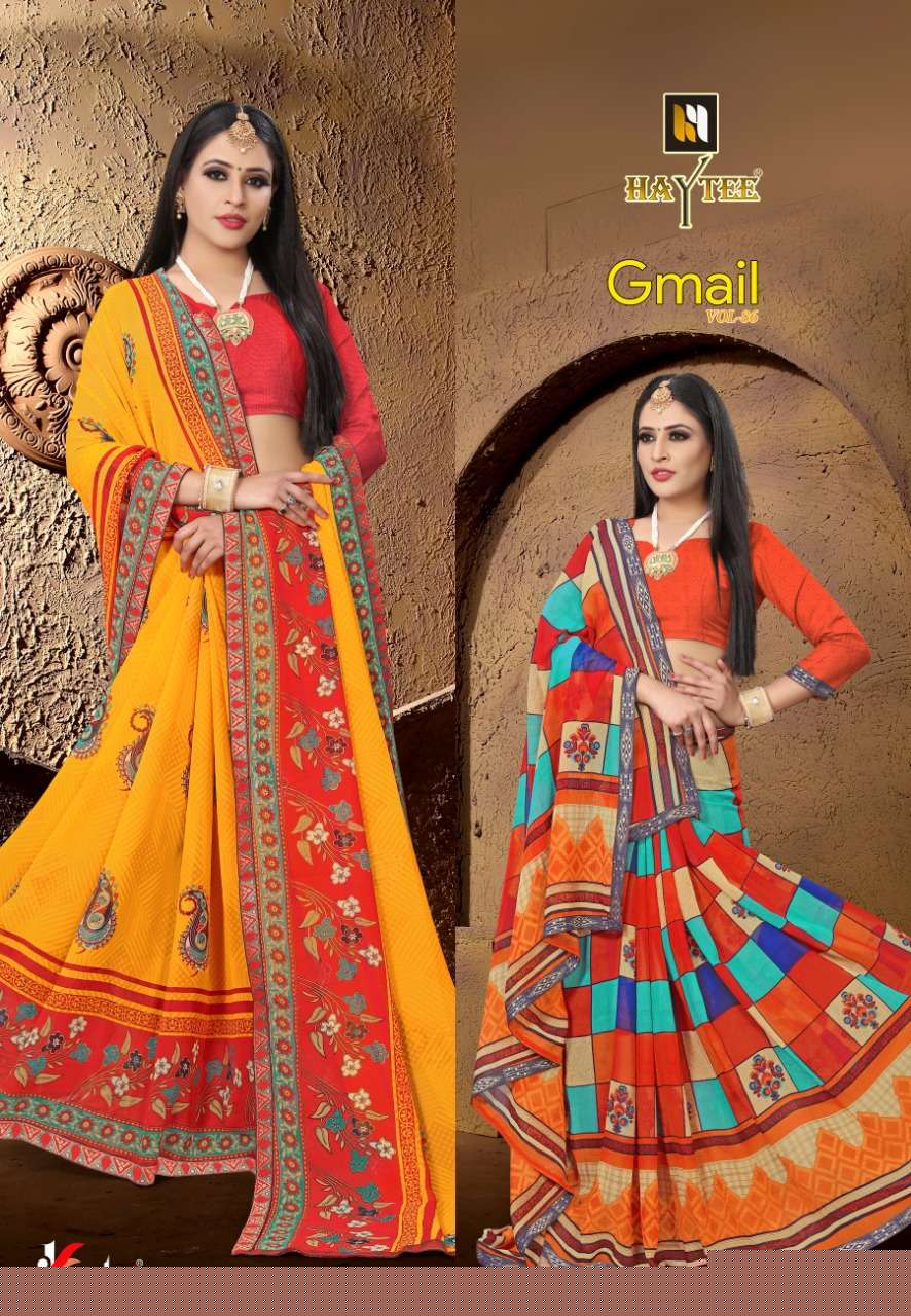 G MAIL VOL-86 BY HAYTEE 6677 TO 6684 SERIES INDIAN TRADITIONAL WEAR COLLECTION BEAUTIFUL STYLISH FANCY COLORFUL PARTY WEAR & OCCASIONAL WEAR DANI PRINTED SAREES AT WHOLESALE PRICE