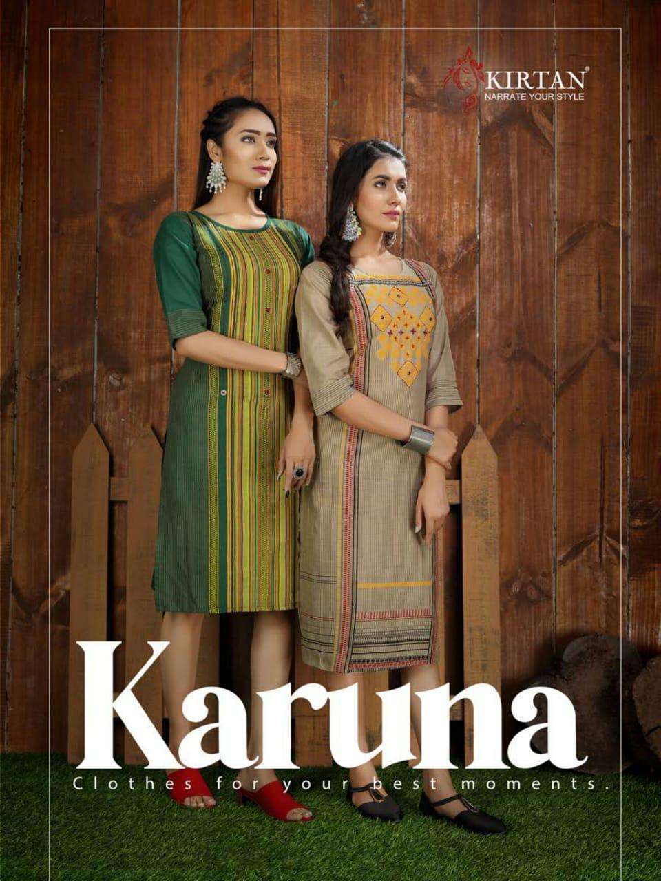 KARUNA BY KIRTAN 101 TO 106 SERIES BEAUTIFUL STYLISH FANCY COLORFUL CASUAL WEAR & ETHNIC WEAR & READY TO WEAR WEAVING COTTON SLUB WITH HANDWORK KURTIS AT WHOLESALE PRICE