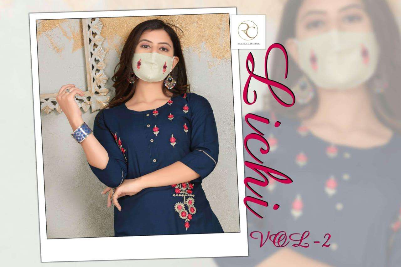 LICHI VOL-2 BY RC 301 TO 308 SERIES DESIGNER BEAUTIFUL STYLISH FANCY COLORFUL PARTY WEAR & OCCASIONAL WEAR RAYON EMBROIDERED KURTIS WITH BOTTOM AT WHOLESALE PRICE