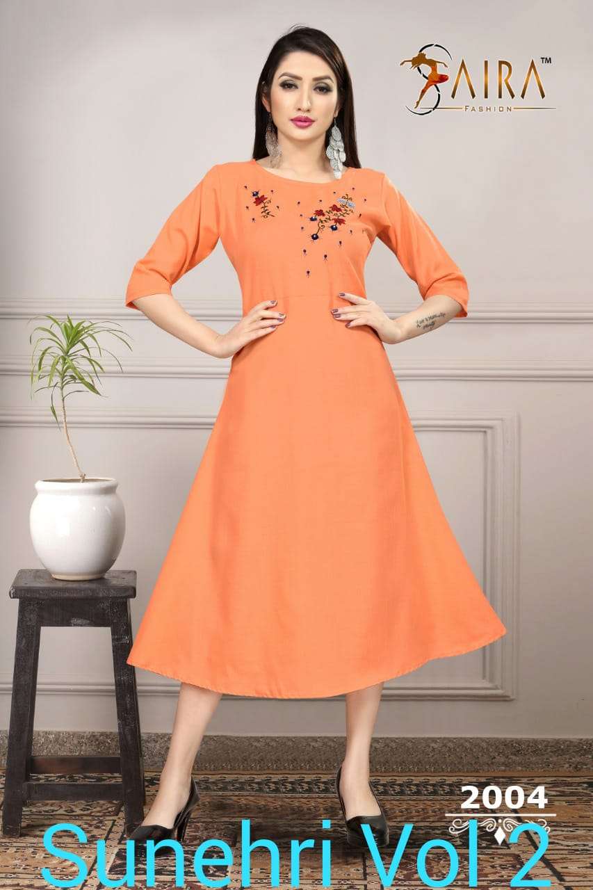 SUNEHRI VOL-2 BY SAIRA FASHION 2001 TO 2006 SERIES BEAUTIFUL COLORFUL STYLISH FANCY PARTY WEAR & ETHNIC WEAR & READY TO WEAR HEAVY RUBY SLUB COTTON KURTIS AT WHOLESALE PRICE