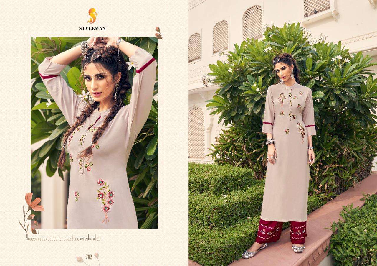 ANANYA VOL-6 BY STYLEMAX 781 TO 788 SERIES BEAUTIFUL STYLISH FANCY COLORFUL CASUAL WEAR & ETHNIC WEAR & READY TO WEAR HEAVY RAYON EMBROIDERED KURTIS WITH BOTTOM AT WHOLESALE PRICE