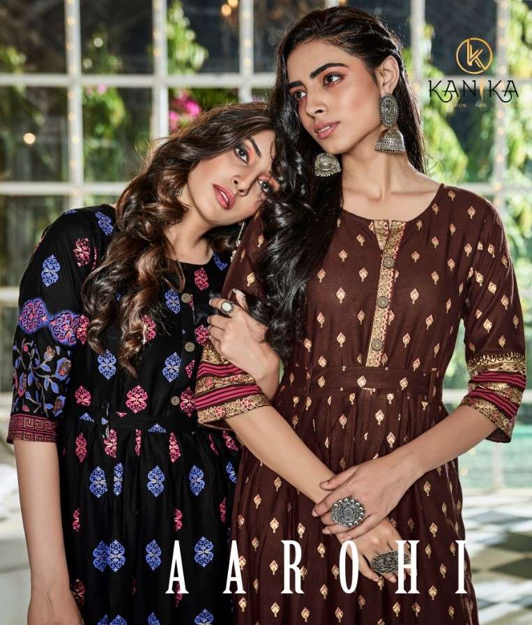 AAROHI BY KANIKA 5001 TO 5006 SERIES BEAUTIFUL SUITS STYLISH FANCY COLORFUL CASUAL WEAR & ETHNIC WEAR RAYON PRINTED GOWNS AT WHOLESALE PRICE