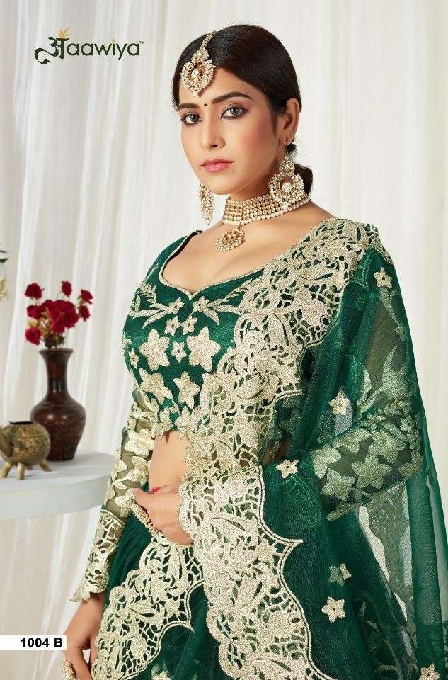 Agnilekha 1004 Colours By Aawiya 1004-A To 1004-C Series Indian Traditional Beautiful Stylish Designer Banarasi Silk Jacquard Embroidered Party Wear Net Lehengas At Wholesale Price