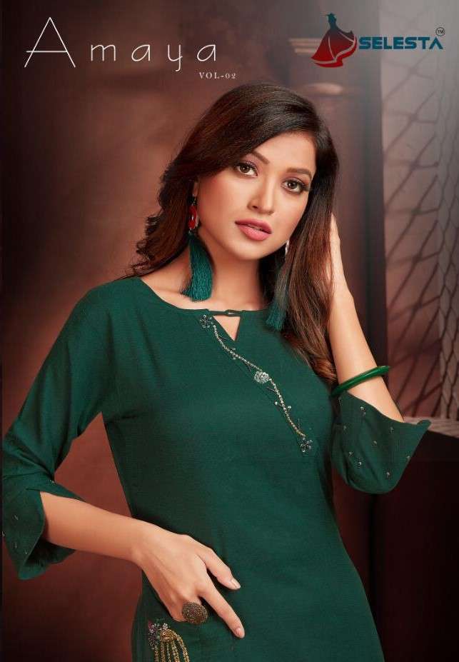 AMAYA VOL-2 BY SELESTA 1001 TO 1006 SERIES DESIGNER STYLISH FANCY COLORFUL BEAUTIFUL PARTY WEAR & ETHNIC WEAR COLLECTION OM SLUB HANDWORK KURTIS WITH BOTTOM AT WHOLESALE PRICE