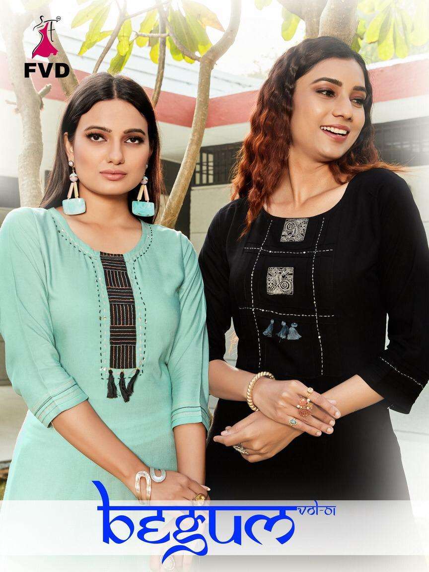 BEGUM VOL-1 BY FVD 179 TO 184 SERIES DESIGNER STYLISH FANCY COLORFUL BEAUTIFUL PARTY WEAR & ETHNIC WEAR COLLECTION RAYON EMBROIDERY KURTIS WITH BOTTOM AT WHOLESALE PRICE