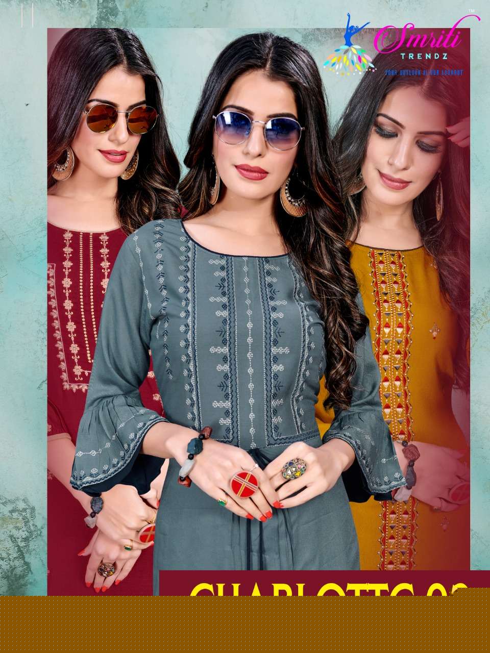 CHARLOTTE VOL-2 BY SMRITI 2101 TO 2108 SERIES DESIGNER STYLISH FANCY COLORFUL BEAUTIFUL PARTY WEAR & ETHNIC WEAR COLLECTION RAYON EMBROIDERED KURTIS WITH BOTTOM AT WHOLESALE PRICE