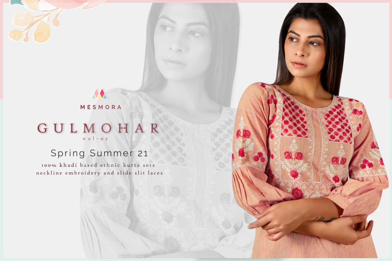 GULMOHAR VOL-2 BY MESMORA 4000 TO 4010 SERIES DESIGNER STYLISH FANCY COLORFUL BEAUTIFUL PARTY WEAR & ETHNIC WEAR COLLECTION PURE KHADI EMBROIDERY KURTIS WITH BOTTOM AT WHOLESALE PRICE