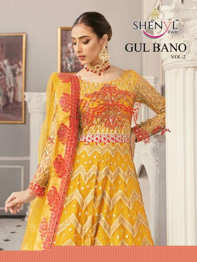 GULBANO VOL-2 BY SHENYL FAB PAKISTANI STYLISH BEAUTIFUL COLOURFUL PRINTED & EMBROIDERED PARTY WEAR & OCCASIONAL WEAR BUTTERFLY NET EMBROIDERED DRESSES AT WHOLESALE PRICE