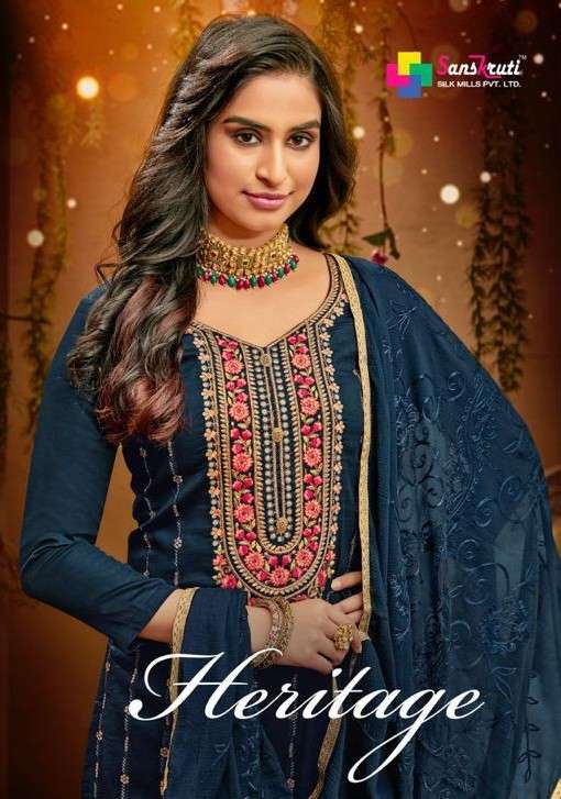 HERITAGE BY SANSKRUTI SILK MILLS 5018 TO 5023 SERIES BEAUTIFUL SUITS COLORFUL STYLISH FANCY CASUAL WEAR & ETHNIC WEAR PURE JAM SILK WITH EMBROIDERY DRESSES AT WHOLESALE PRICE