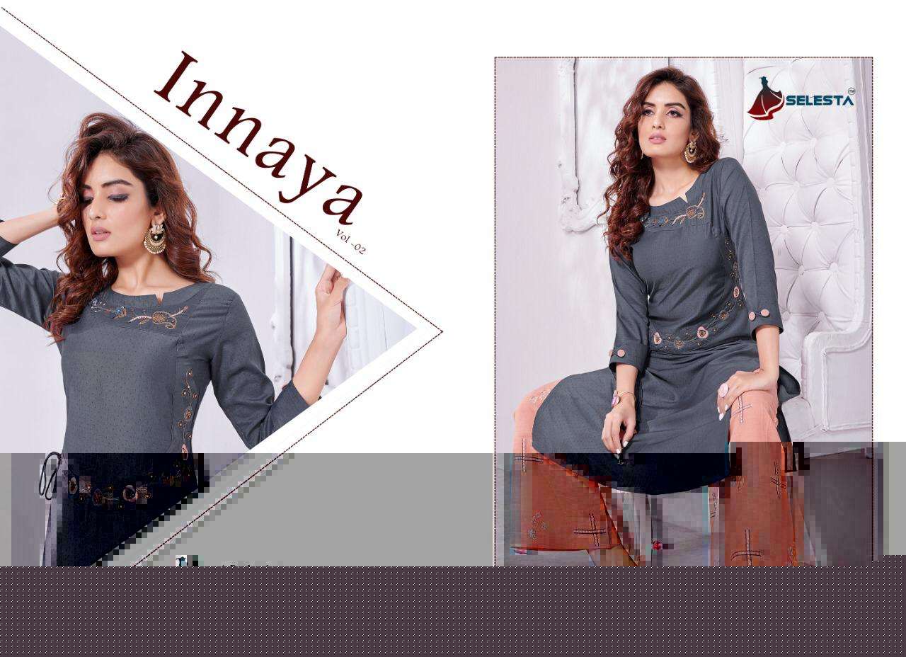 INNAYA VOL-2 BY SELESTA 1001 TO 1005 SERIES BEAUTIFUL STYLISH FANCY COLORFUL CASUAL WEAR & ETHNIC WEAR CHINNON SILK HANDWORK KURTIS WITH BOTTOM AT WHOLESALE PRICE