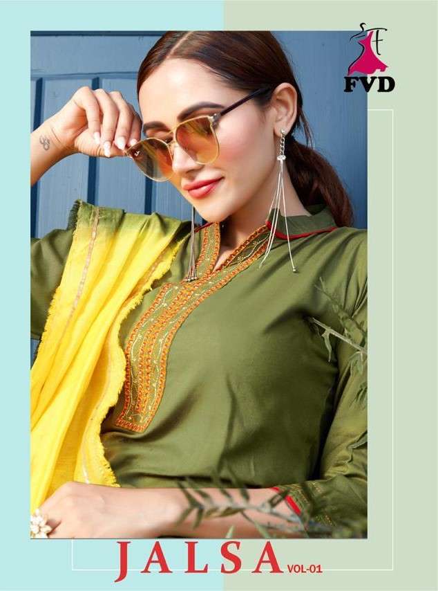 JALSA VOL-1 BY FVD 101 TO 106 SERIES BEAUTIFUL STYLISH FANCY COLORFUL CASUAL WEAR & ETHNIC WEAR RAYON WITH EMBROIDERED DRESSES AT WHOLESALE PRICE