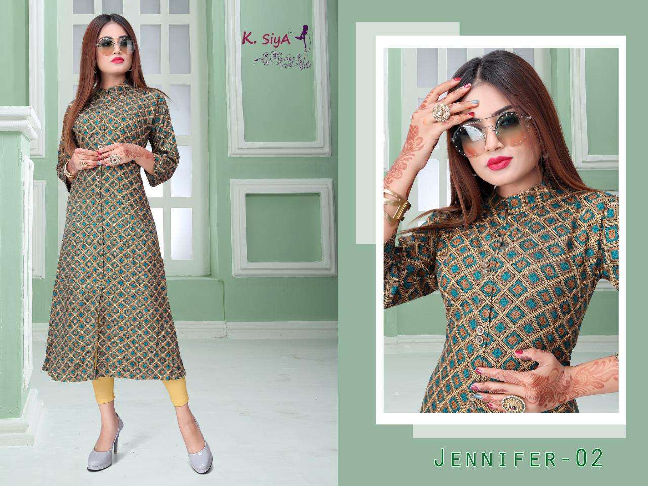 JENIFFER BY K.SIYA 01 TO 08 SERIES DESIGNER STYLISH FANCY COLORFUL BEAUTIFUL PARTY WEAR & ETHNIC WEAR COLLECTION RAYON PRINT KURTIS AT WHOLESALE PRICE
