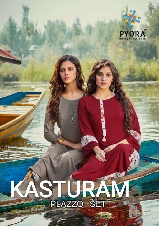KASTURAM BY PYORA 1001 TO 1006 SERIES BEAUTIFUL STYLISH FANCY COLORFUL CASUAL WEAR & ETHNIC WEAR & READY TO WEAR PURE RAYON SLUB KURTIS WITH BOTTOM AT WHOLESALE PRICE