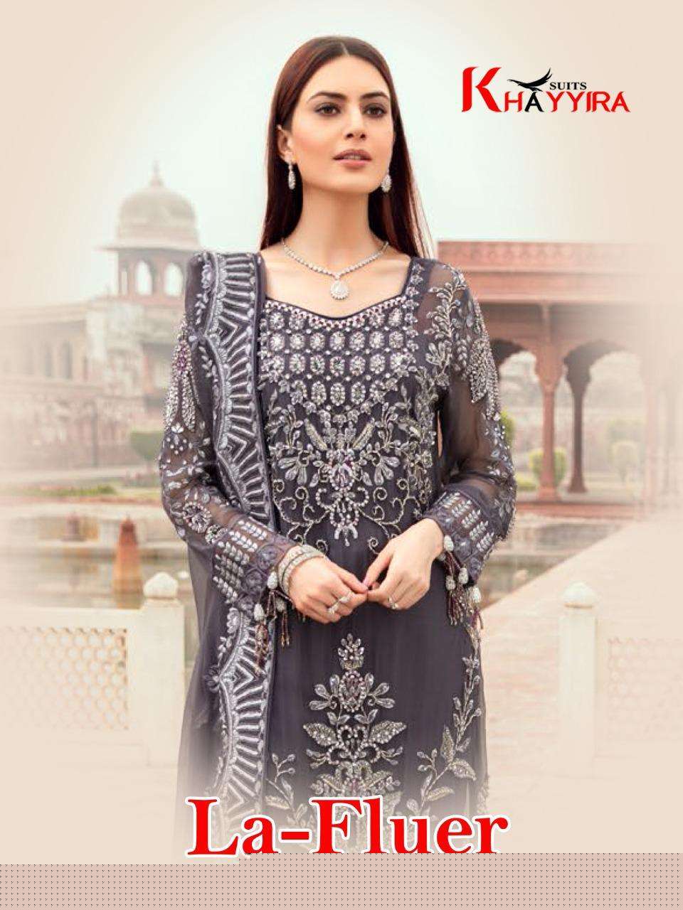 LA FLUER BY KHAYYIRA DESIGNER PAKISTANI SUITS BEAUTIFUL STYLISH FANCY COLORFUL PARTY WEAR & OCCASIONAL WEAR GEORGETTE EMBROIDERY DRESSES AT WHOLESALE PRICE