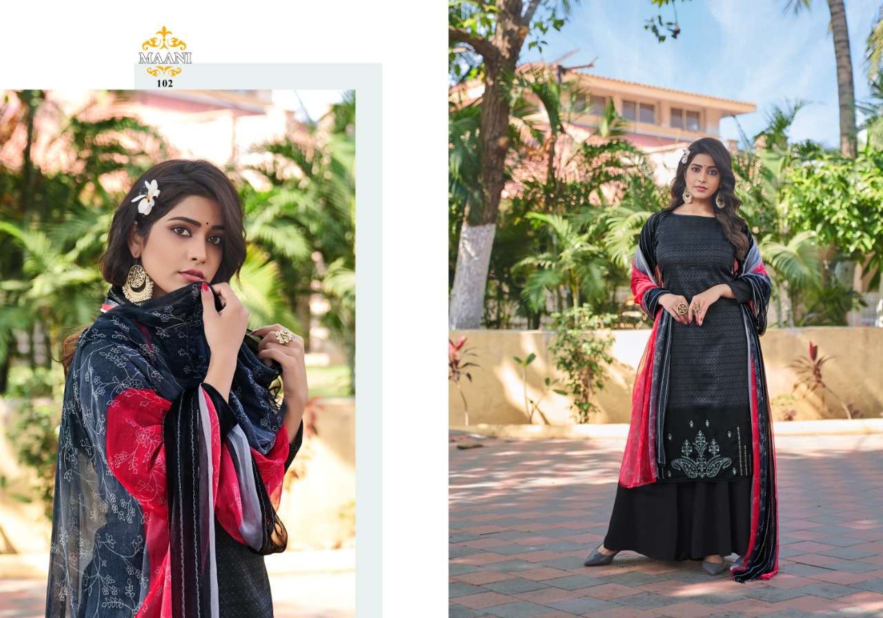 MAANI BY LAVINA 101 TO 106 SERIES BEAUTIFUL STYLISH SHARARA SUITS FANCY COLORFUL CASUAL WEAR & ETHNIC WEAR & READY TO WEAR PURE JAM COTTON EMBROIDERED DRESSES AT WHOLESALE PRICE