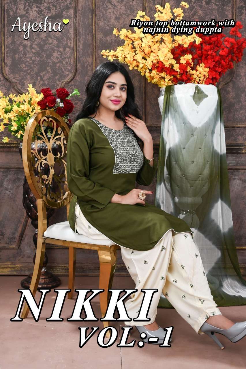 NIKKI VOL-1 BY AYESHA 1001 TO 1008 SERIES BEAUTIFUL STYLISH SHARARA SUITS FANCY COLORFUL CASUAL WEAR & ETHNIC WEAR & READY TO WEAR RAYON EMBROIDERED DRESSES AT WHOLESALE PRICE