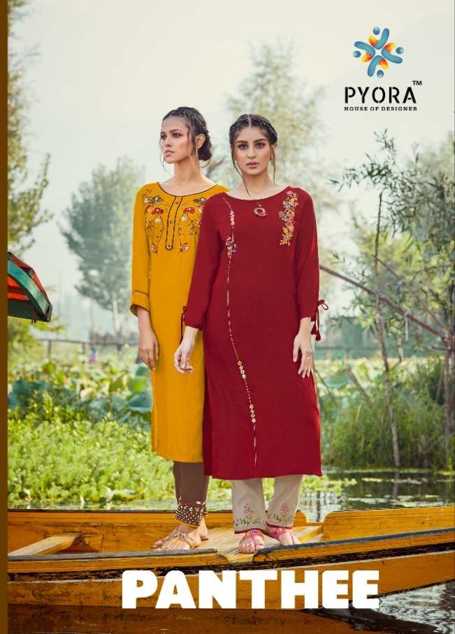 PANTHEE BY PYORA 1001 TO 1006 SERIES DESIGNER STYLISH FANCY COLORFUL BEAUTIFUL PARTY WEAR & ETHNIC WEAR COLLECTION PURE RAYON SLUB EMBROIDERY KURTIS WITH BOTTOM AT WHOLESALE PRICE