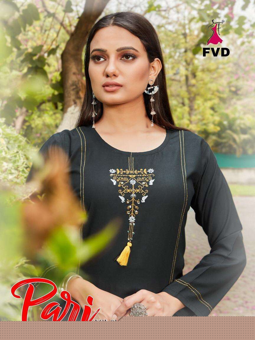 PARI VOL-1 BY FVD 172 TO 177 SERIES DESIGNER STYLISH FANCY COLORFUL BEAUTIFUL PARTY WEAR & ETHNIC WEAR COLLECTION RAYON EMBROIDERED KURTIS WITH BOTTOM AT WHOLESALE PRICE