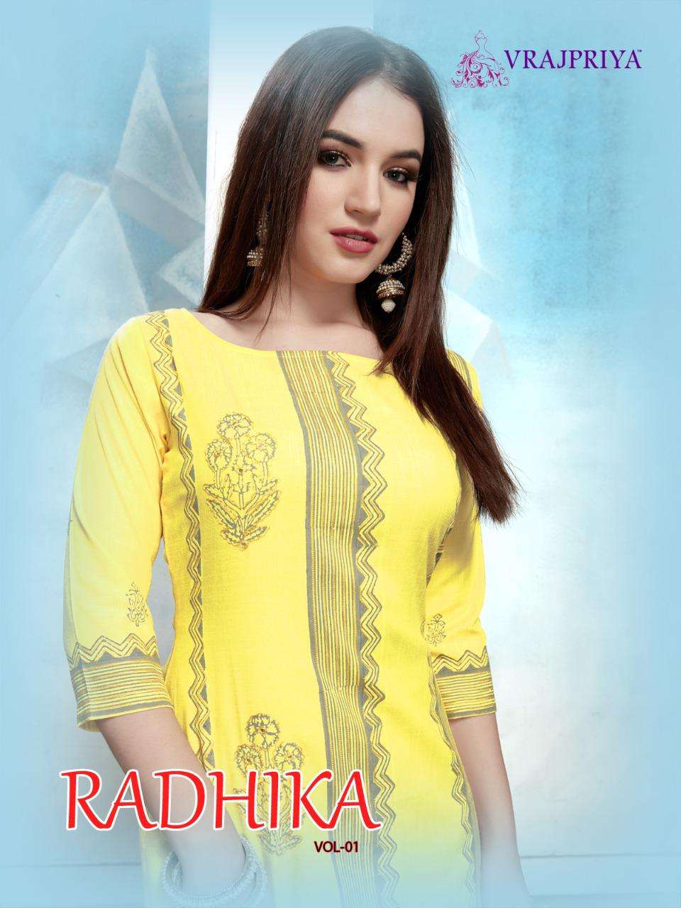 RADHIKA VOL-1 BY VRAJPRIYA 101 TO 105 SERIES DESIGNER STYLISH FANCY COLORFUL BEAUTIFUL PARTY WEAR & ETHNIC WEAR COLLECTION RAYON EMBROIDERY KURTIS AT WHOLESALE PRICE