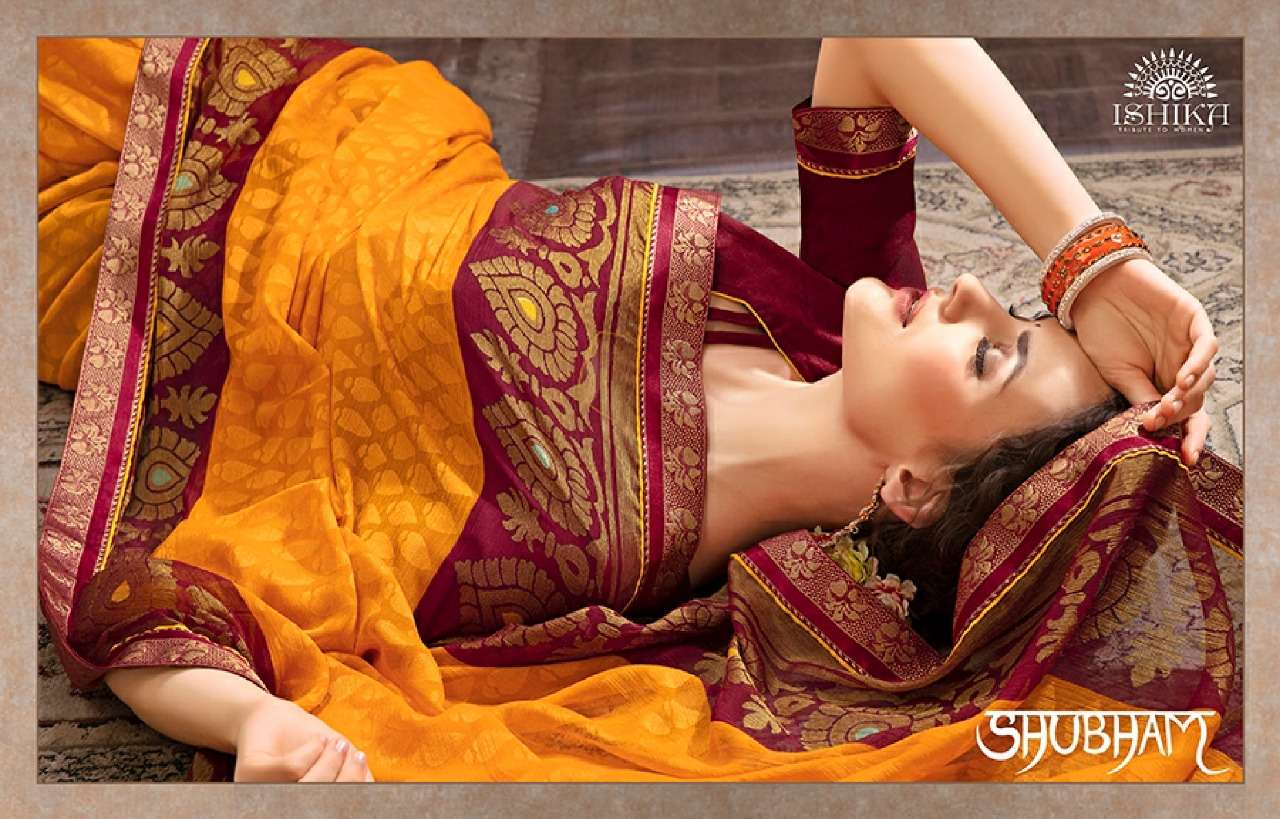 SHUBHAM BY ISHIKA FASHION 521 TO 534 SERIES INDIAN TRADITIONAL WEAR COLLECTION BEAUTIFUL STYLISH FANCY COLORFUL PARTY WEAR & OCCASIONAL WEAR CHIFFON BRASSO SAREES AT WHOLESALE PRICE