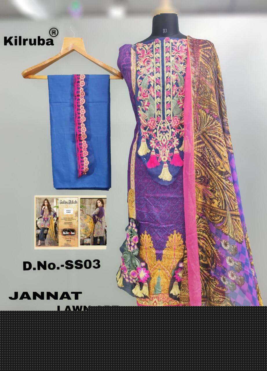SATIN STITCH HIT DESIGN SS-03 BY KILRUBA PAKISTANI SUITS BEAUTIFUL FANCY COLORFUL STYLISH PARTY WEAR & OCCASIONAL WEAR PURE COTTON SATIN DIGITAL PRINTED DRESSES AT WHOLESALE PRICE