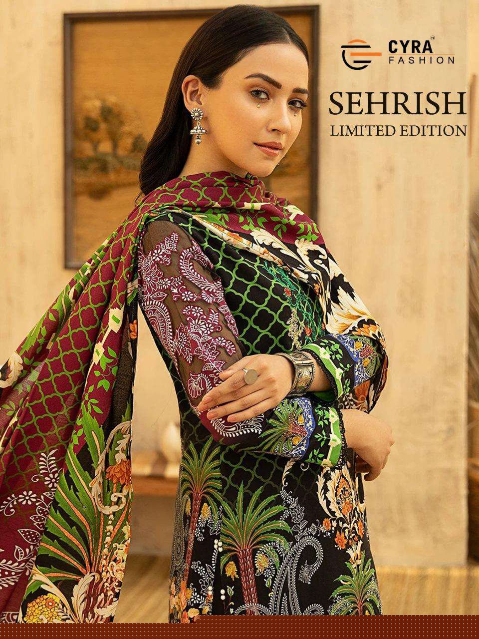 SEHRISH LIMITED EDITION BY CYRA FASHION 101 TO 103 SERIES DESIGNER PAKISTANI SUITS COLLECTION BEAUTIFUL STYLISH FANCY COLORFUL PARTY WEAR & OCCASIONAL WEAR COTTON DIGITAL PRINT WITH WORK DRESSES AT WHOLESALE PRICE