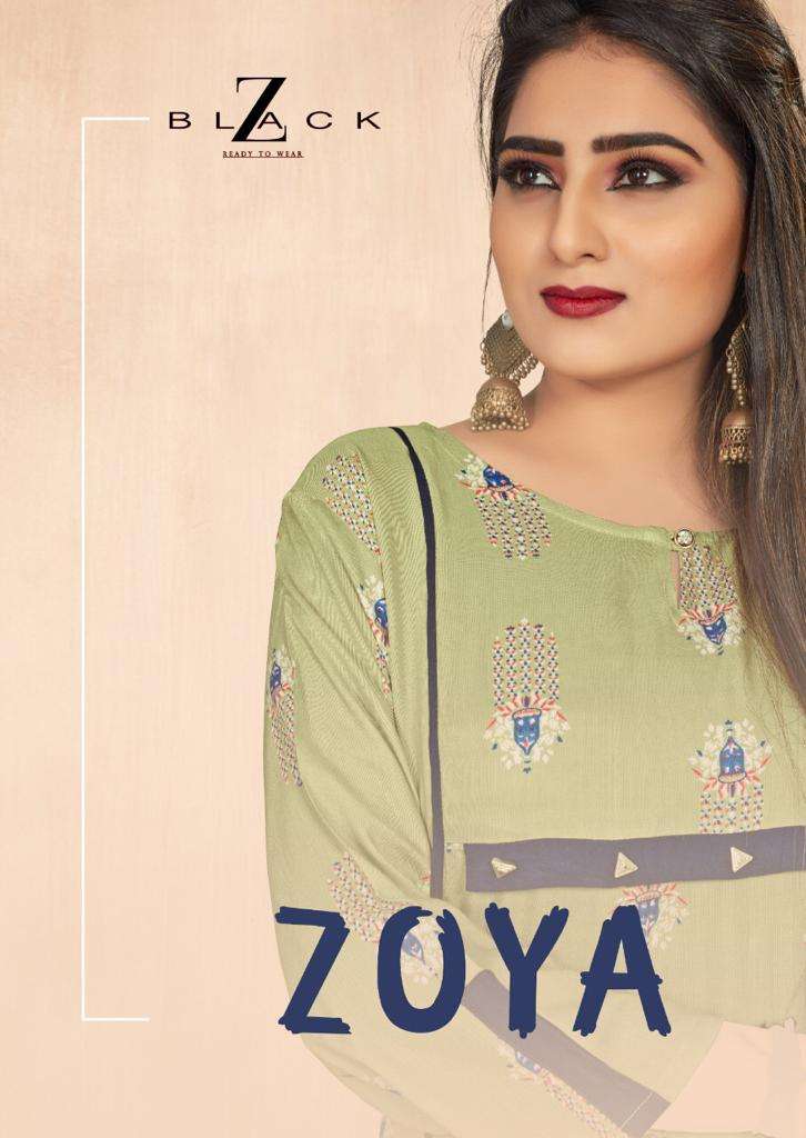ZOYA BY Z BLACK 1001 TO 1008 SERIES BEAUTIFUL STYLISH FANCY COLORFUL CASUAL WEAR & ETHNIC WEAR & READY TO WEAR RAYON PRINT KURTIS WITH BOTTOM AT WHOLESALE PRICE