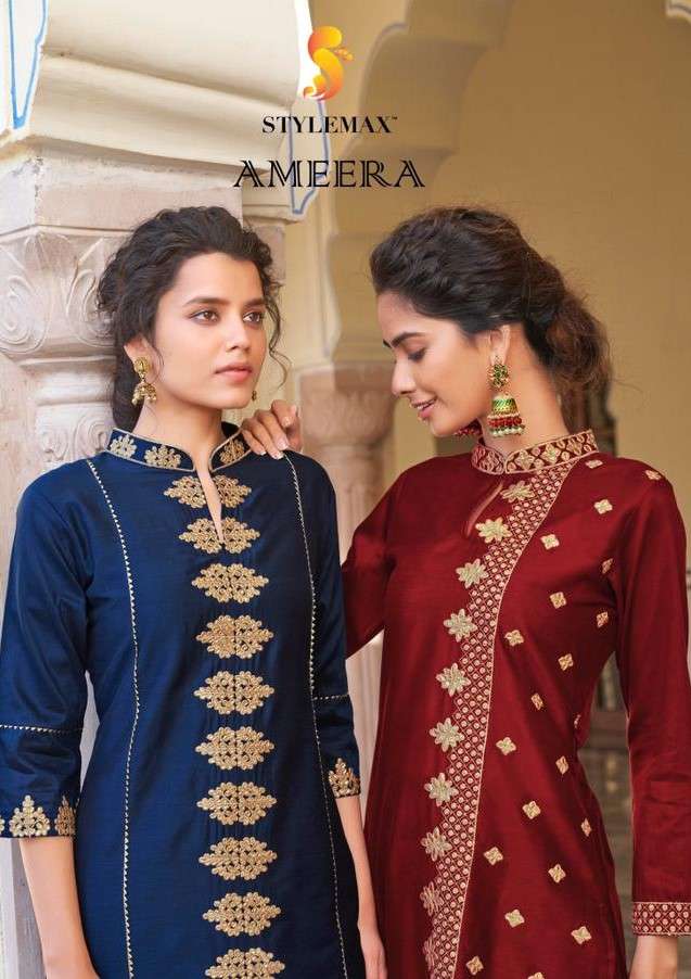 AMEERA BY STYLEMAX 391 TO 397 SERIES DESIGNER STYLISH FANCY COLORFUL BEAUTIFUL PARTY WEAR & ETHNIC WEAR COLLECTION PURE VISCOSE EMBROIDERY KURTIS WITH BOTTOM AT WHOLESALE PRICE