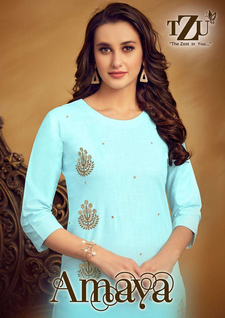 AMAYA BY TZU 1001 TO 1004 SERIES DESIGNER STYLISH FANCY COLORFUL BEAUTIFUL PARTY WEAR & ETHNIC WEAR COLLECTION LINEN COTTON KURTIS WITH BOTTOM AT WHOLESALE PRICE