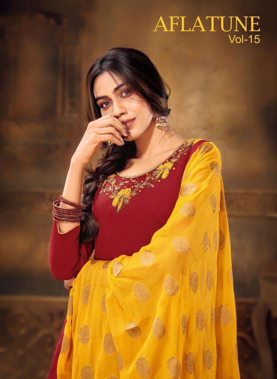 AFLATUNE VOL-15 BY KAPIL TRENDZ 6001 TO 6012 SERIES BEAUTIFUL SUITS COLORFUL STYLISH FANCY CASUAL WEAR & ETHNIC WEAR SOFT SILK WITH WORK DRESSES AT WHOLESALE PRICE